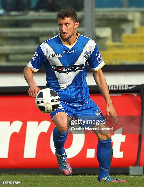 Fabio Daprela' of Brescia Calcio in action during the Serie B match between Brescia Calcio and US Sassuolo at Mario Rigamonti Stadium on November 18,...