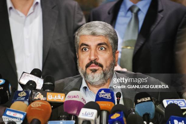 Hamas Leader Khaled Meshaal looks on as he gives a press conference at the Journalist Syndicate building on November 19, 2012 in Cairo. Meshaal said...