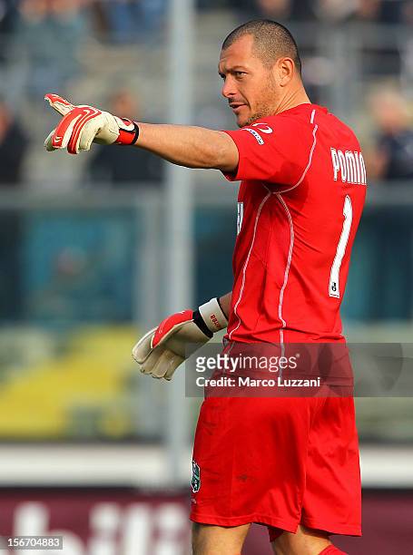 Alberto Pomini of US Sassuolo directs his defense during the Serie B match between Brescia Calcio and US Sassuolo at Mario Rigamonti Stadium on...