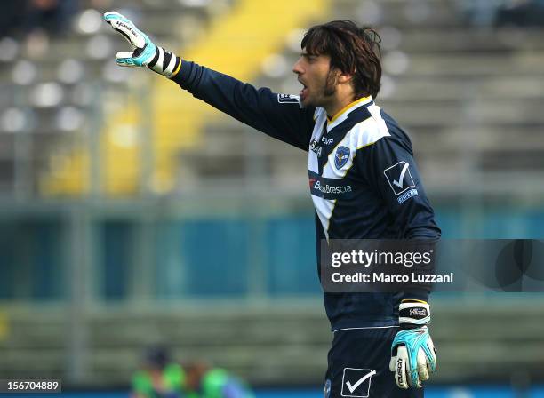 Michele Arcari of Brescia Calcio directs his defense during the Serie B match between Brescia Calcio and US Sassuolo at Mario Rigamonti Stadium on...