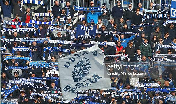 The Brescia Calcio fans show their support during the Serie B match between Brescia Calcio and US Sassuolo at Mario Rigamonti Stadium on November 18,...