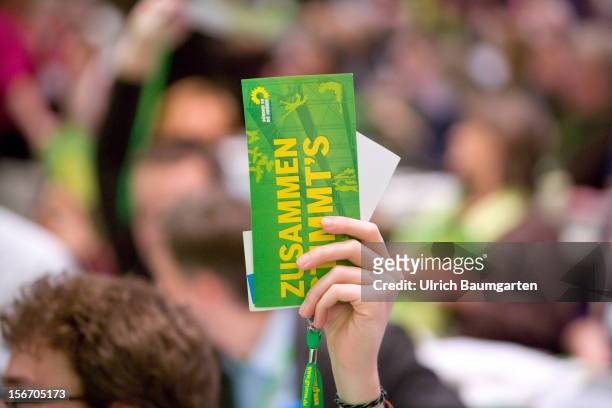 Voting card at the Greens Party federal convention at Hannover Congress Centrum on November 17, 2012 in Hanover, Germany. Germany faces federal...