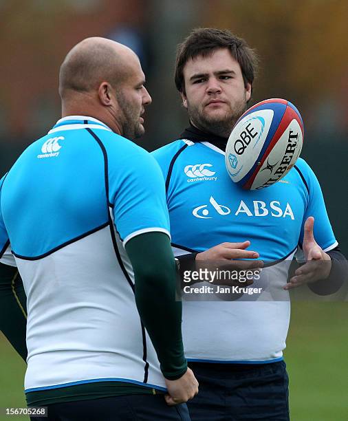 Van der Linde chats with Frans Malherbe during a South Africa training session ahead of the QBE International match between England and South Africa...