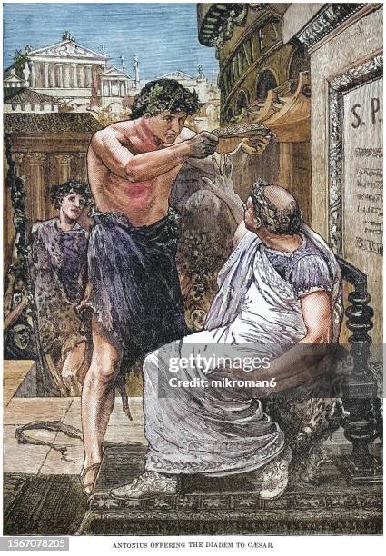 old engraved illustration of marcus antonius offering the diadem to caesar - diadem stock pictures, royalty-free photos & images