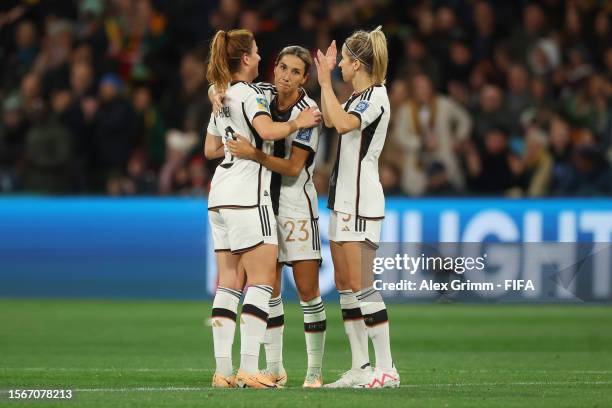 Chantal Hagel, Sara Doorsoun and Svenja Huth of Germany celebrate the team's 6-0 victory in the FIFA Women's World Cup Australia & New Zealand 2023...