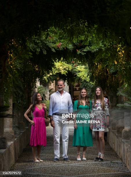 Spain's Queen Letizia, Spain's King Felipe VI, Spanish Crown Princess of Asturias Leonor and Spanish Princess Sofia visit the "Jardines de Albabia"...