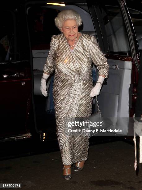 Queen Elizabeth II arrives at the at Royal Albert Hall for the Royal Variety performance on November 19, 2012 in London, England.