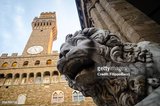 estátua de leão com o palazzo vecchio, em florença, itália - praça della signoria - fotografias e filmes do acervo