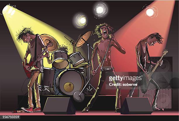 cartoon of a rock band on stage - ensemble stock illustrations