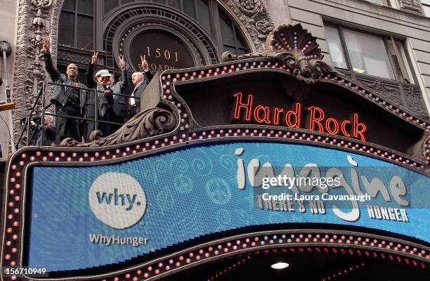 Darryl "DMC" McDaniels, Yoko Ono and Hard Rock CEO Hamish Dodds attend the 5th annual Imagine There's No Hunger Campaign launch at the Hard Rock...