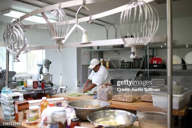 Cook prepares food ahead of Thanksgiving at the Bay Area Rescue Mission on November 19, 2012 in Richmond, California. Days ahead of Thanksgiving, the...