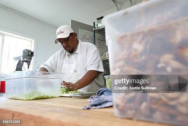 Cook prepares food ahead of Thanksgiving at the Bay Area Rescue Mission on November 19, 2012 in Richmond, California. Days ahead of Thanksgiving, the...