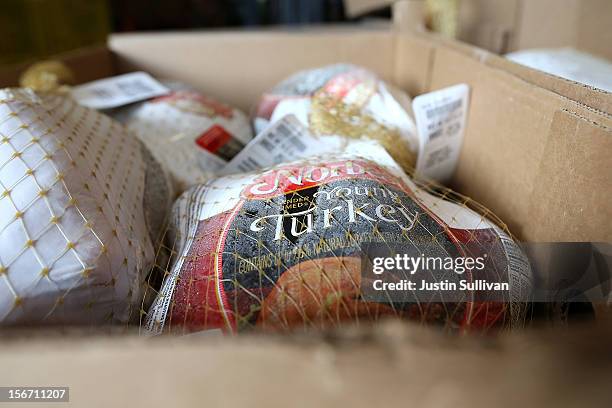 Donated turkeys sit in a box at the Bay Area Rescue Mission on November 19, 2012 in Richmond, California. Days ahead of Thanksgiving, the Bay Area...