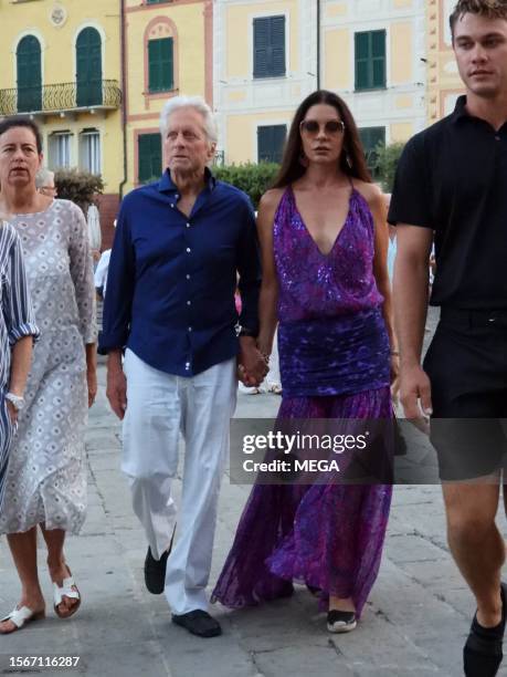 Michael Douglas and Catherine Zeta-Jones are seen on July 31, 2023 in Portofino, Italy.