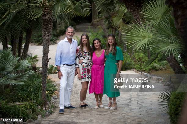 Spain's King Felipe VI, Spanish Princess Sofia, Spain's Queen Letizia and Spanish Crown Princess of Asturias Leonor visit the "Jardines de Albabia"...