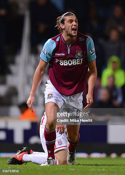 Andy Carroll of West Ham United shows his frustration during the Barclays Premier League match between West Ham United and Stoke City at the Boleyn...