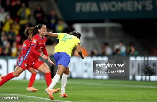 Ary Borges of Brazil heads to score her team's first goal during the FIFA Women's World Cup Australia & New Zealand 2023 Group F match between Brazil...