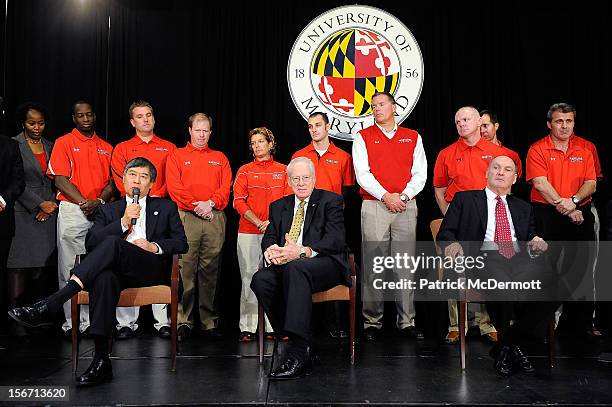 University of Maryland President Wallace D. Loh speaks as University System of Maryland Chancellor Brit Kirwan and Big Ten Commissioner James E....