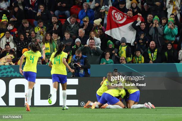 Brazil players celebrate the team's first goal scored by Ary Borges during the FIFA Women's World Cup Australia & New Zealand 2023 Group F match...