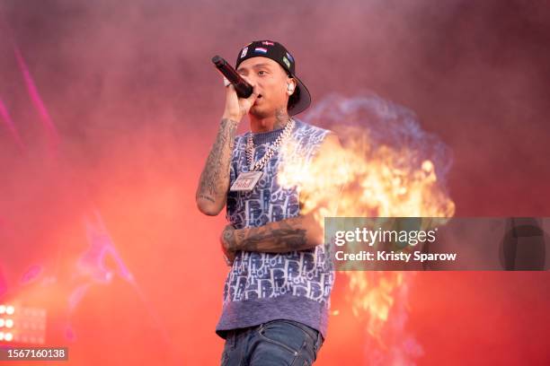 British rapper, Central Cee performs onstage during the Lollapalooza Paris Festival - Day Three on July 23, 2023 in Paris, France.