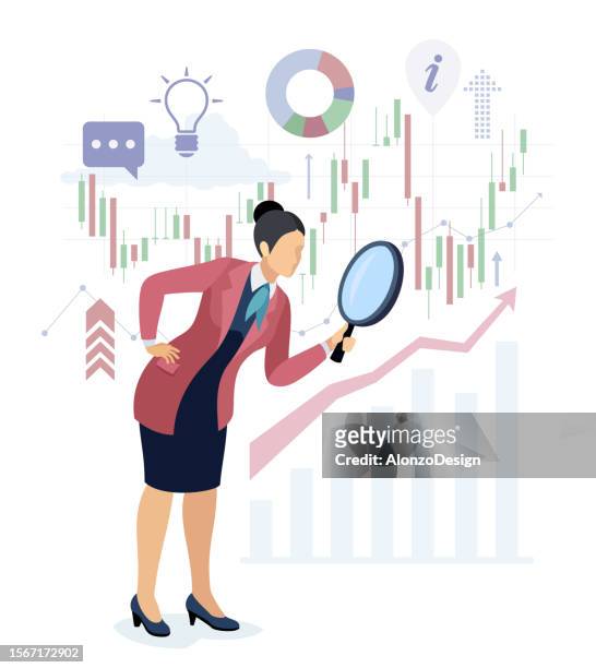 businesswoman character. trader with magnifying glass. financial analyst. - market expertise stock illustrations