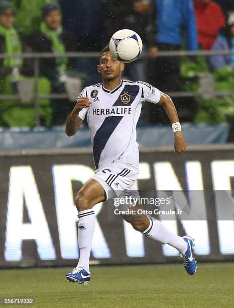 Sean Franklin of the Los Angeles Galaxy controls the ball against the Seattle Sounders FC during Leg 2 of the Western Conference Championship at...