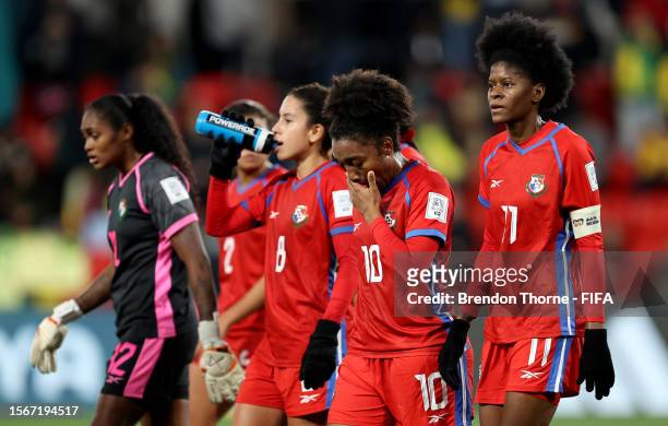 Panama players react after the first half during the FIFA Women's World Cup Australia & New Zealand 2023 Group F match between Brazil and Panama at...