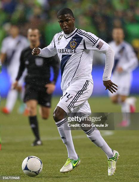 Edson Buddle of the Los Angeles Galaxy dribbles against the Seattle Sounders FC during Leg 2 of the Western Conference Championship at CenturyLink...