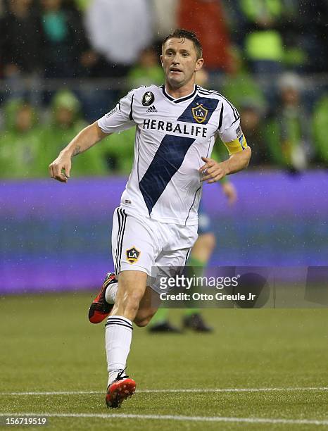 Robbie Keane of the Los Angeles Galaxy follows the play against the Seattle Sounders FC during Leg 2 of the Western Conference Championship at...