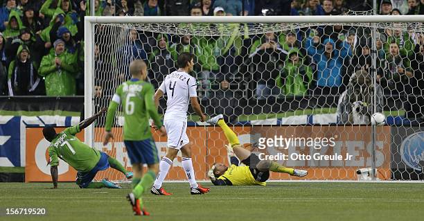 Eddie Johnson of the Seattle Sounders FC scores an apparent goal against goalkeeper Josh Saunders of the Los Angeles Galaxy during Leg 2 of the...