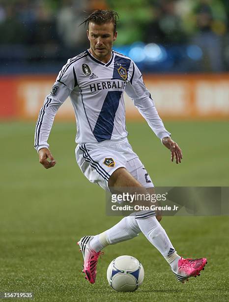David Beckham of the Los Angeles Galaxy dribbles against the Seattle Sounders FC during Leg 2 of the Western Conference Championship at CenturyLink...
