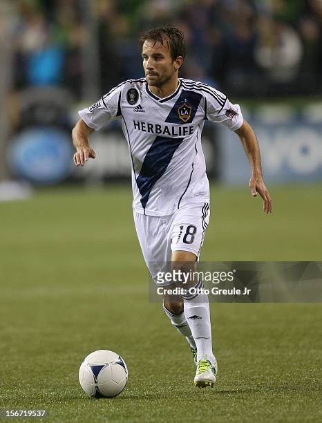 Mike Magee of the Los Angeles Galaxy dribbles against the Seattle Sounders FC during Leg 2 of the Western Conference Championship at CenturyLink...