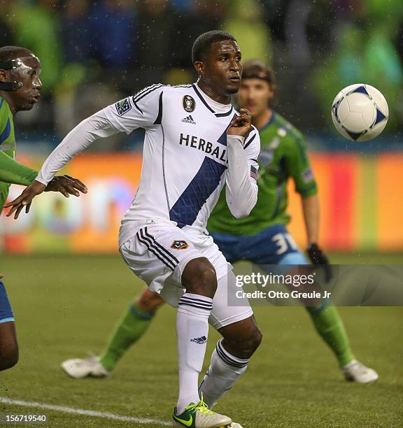 Edson Buddle of the Los Angeles Galaxy controls the ball against the Seattle Sounders FC during Leg 2 of the Western Conference Championship at...