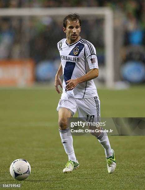 Mike Magee of the Los Angeles Galaxy dribbles against the Seattle Sounders FC during Leg 2 of the Western Conference Championship at CenturyLink...
