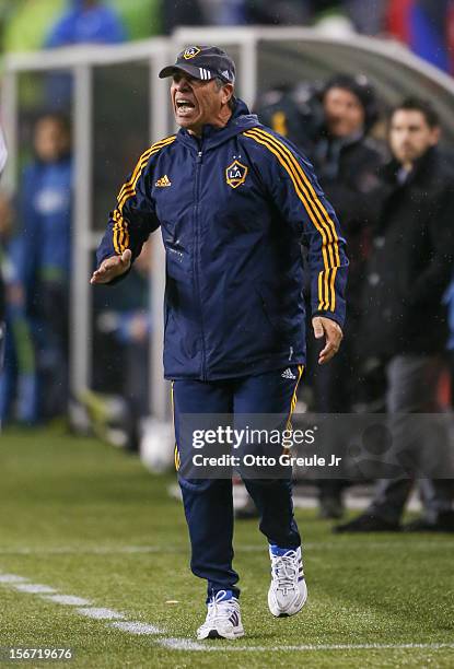 Head coach Bruce Arena of the Los Angeles Galaxy looks on against the Seattle Sounders FC during Leg 2 of the Western Conference Championship at...