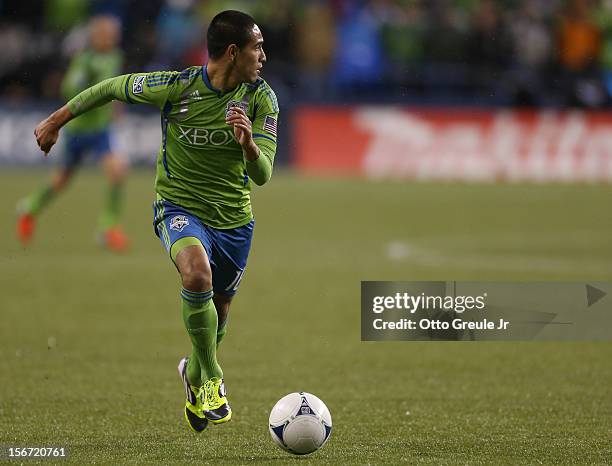 David Estrada of the Seattle Sounders FC dribbles against the Los Angeles Galaxy during Leg 2 of the Western Conference Championship at CenturyLink...