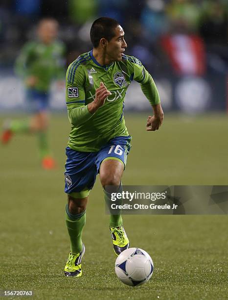 David Estrada of the Seattle Sounders FC dribbles against the Los Angeles Galaxy during Leg 2 of the Western Conference Championship at CenturyLink...