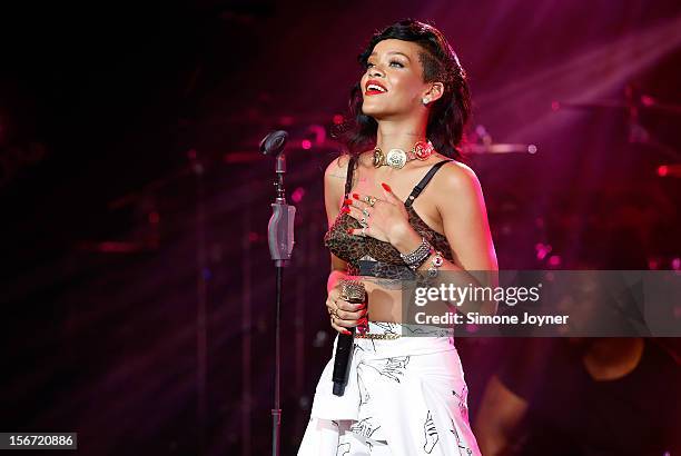 Singer Rihanna performs live on stage as part of her 777 tour at The Forum on November 19, 2012 in London, England.