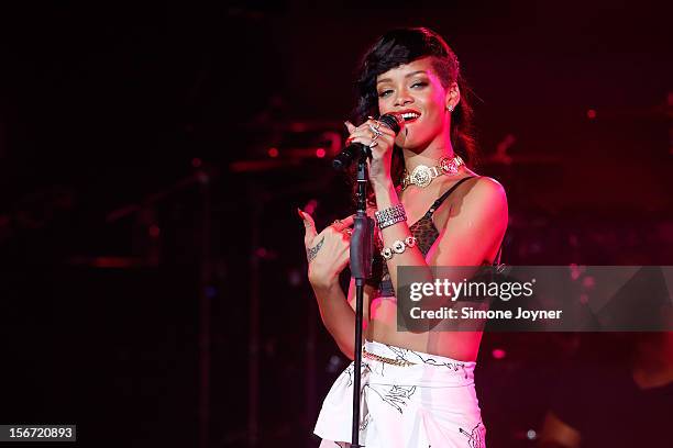 Singer Rihanna performs live on stage as part of her 777 tour at The Forum on November 19, 2012 in London, England.