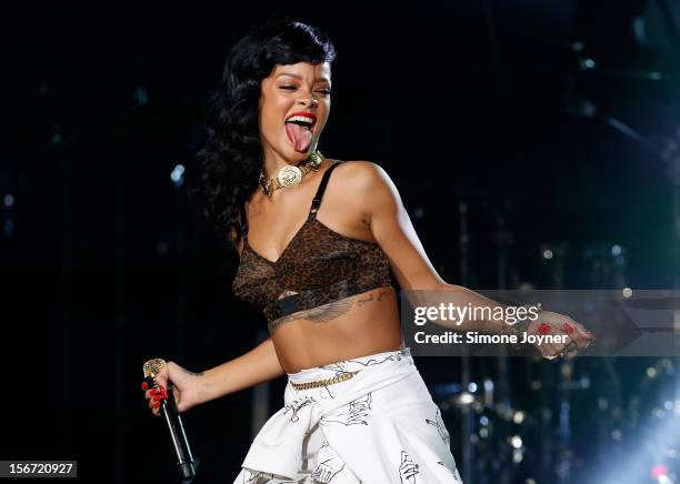 Singer Rihanna performs live on stage as part of her 777 tour at The Forum on November 19, 2012 in London, England.