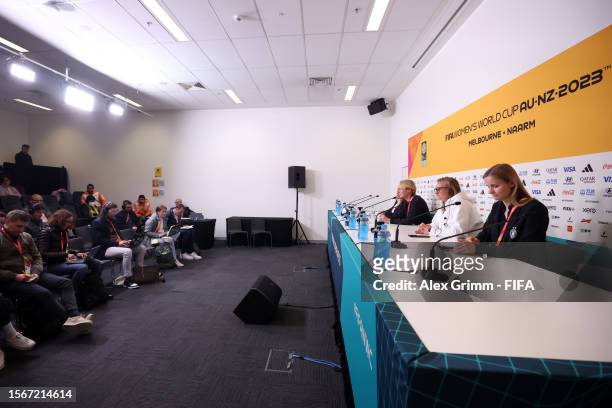 Alexandra Popp of Germany speaks to the media in the post match press conference after the FIFA Women's World Cup Australia & New Zealand 2023 Group...