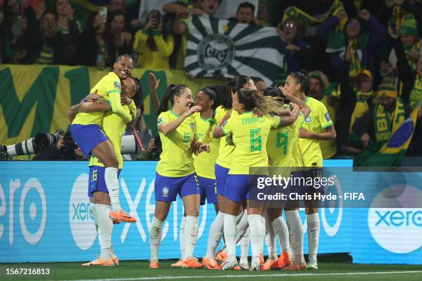 Bia Zaneratto of Brazil celebrates with teammates after scoring her team's third goal during the FIFA Women's World Cup Australia & New Zealand 2023...