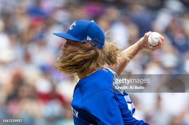Scott Barlow of the Kansas City Royals pitches against the New York Yankees during their game at Yankee Stadium on July 23, 2023 in Bronx borough of...