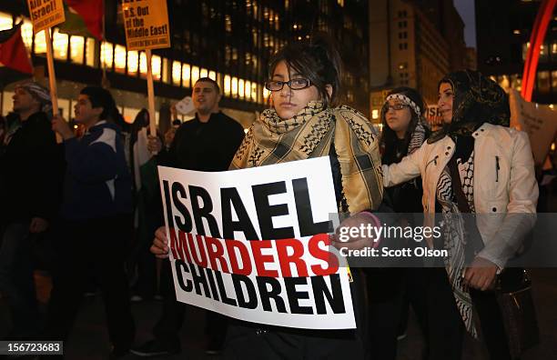 Protesters demonstrate against Israeli attacks on Gaza on November 19, 2012 in Chicago, Illinois. Several hundred people joined the protest which...