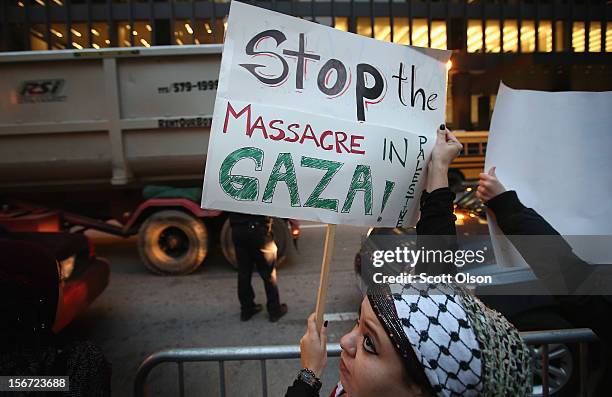 Protestor demonstrates against Israeli attacks on Gaza on November 19, 2012 in Chicago, Illinois. Several hundred people joined the protest which...