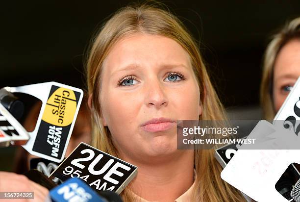 Madeleine Pulver speaks to the media outside of the court in Sydney on November 20, 2012. An investment banker who attached a fake bomb around the...