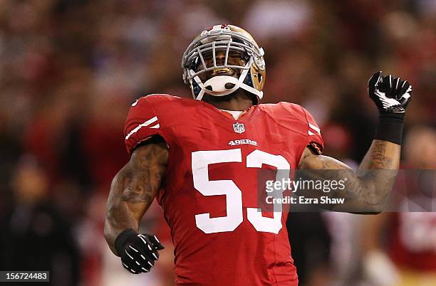 NaVorro Bowman of the San Francisco 49ers celebrates after a second quarter tackle against the Chicago Bears at Candlestick Park on November 19, 2012...