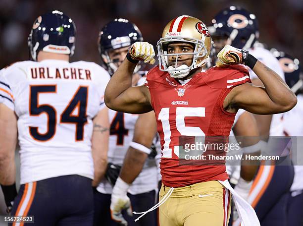 Michael Crabtree of the San Francisco 49ers celebrates after a 20 yard pass reception in the second quarter of the game at Candlestick Park on...