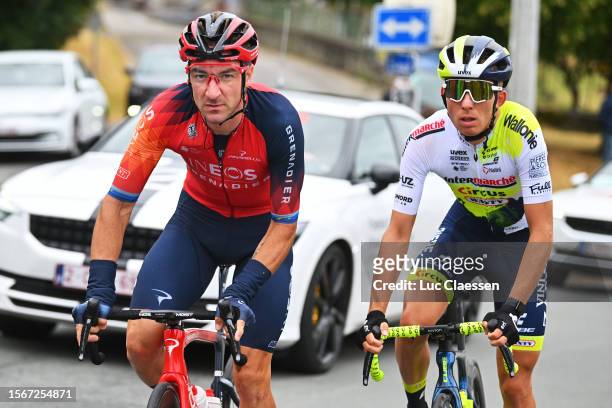 Elia Viviani of Italy and Team INEOS Grenadiers and Laurens Huys of Belgium and Team Intermarché-Circus compete during the 44th Ethias-Tour de...