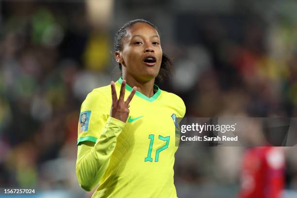 Ary Borges of Brazil celebrates after scoring her team's fourth and her hat trick goal during the FIFA Women's World Cup Australia & New Zealand 2023...